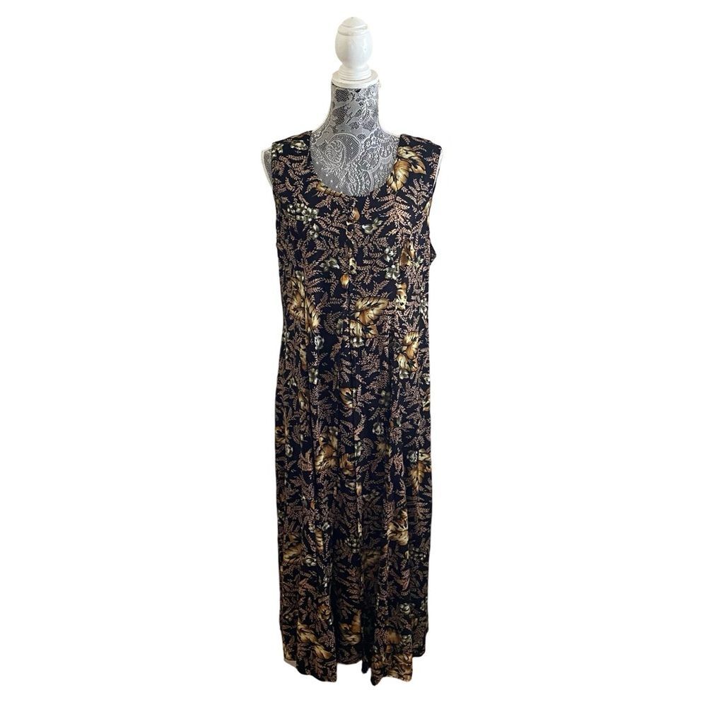 Vintage 90s Jamie Brooke Leaf Print Dress Black